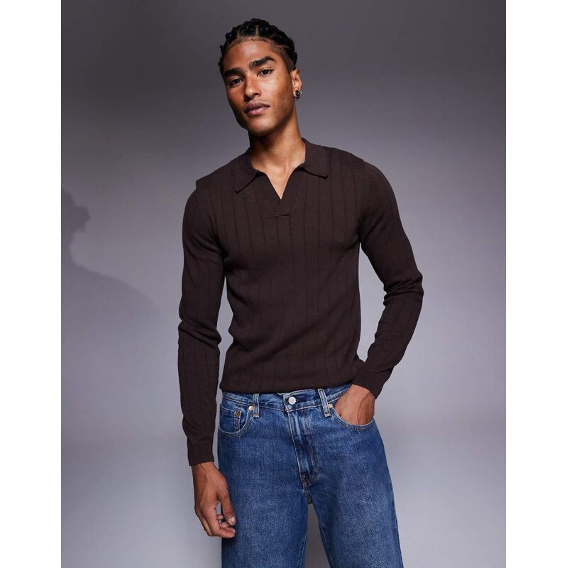 ASOS DESIGN muscle fit long sleeve knitted rib notch neck polo in brown