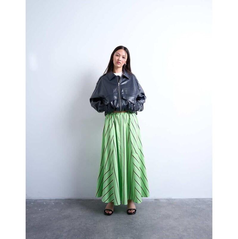 Topshop elasticated waist poplin full midi skirt in green and