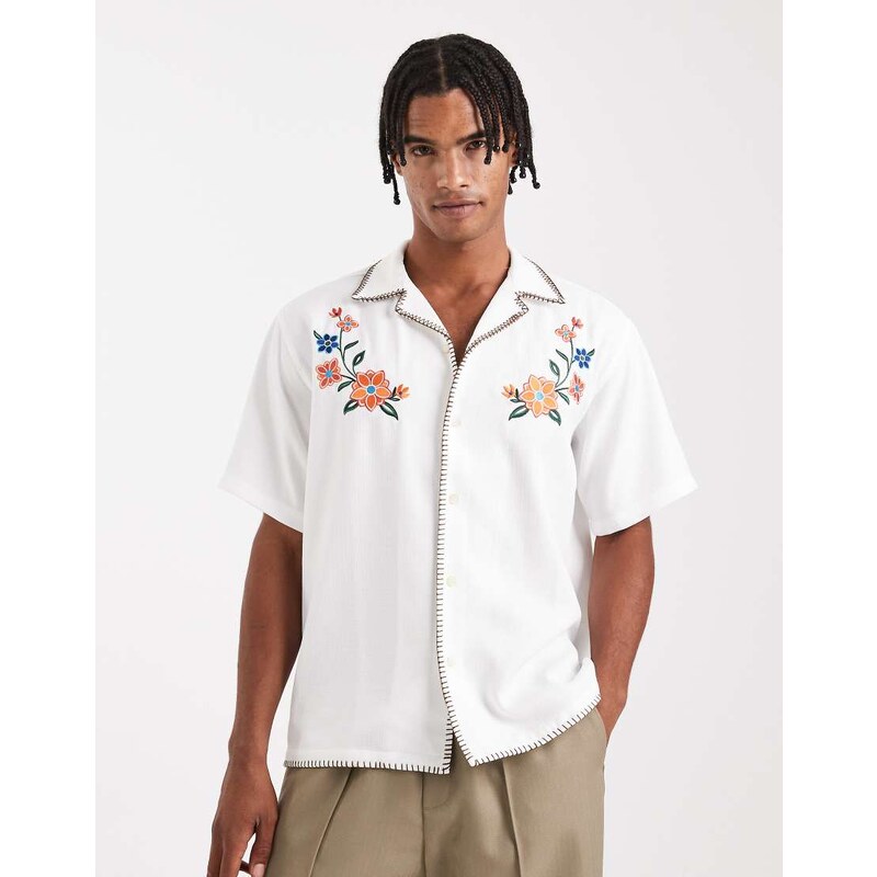ONLY & SONS contrast stitch embroidered detail shirt in white