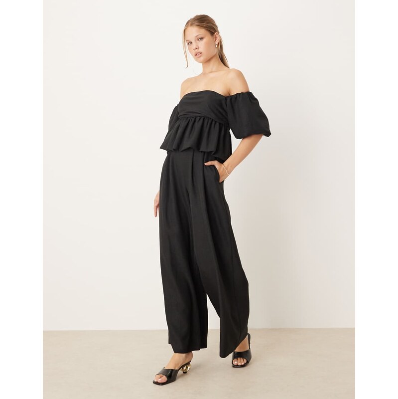 ASOS DESIGN bardot extreme puff sleeve peplum jumpsuit in sage