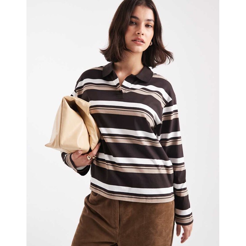 Vero Moda relaxed fit rugby top in chocolate, white and beige stripe 107832028