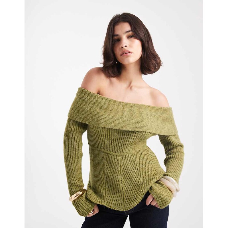 Vero Moda rib knitted bardot top in chartreuse-Green