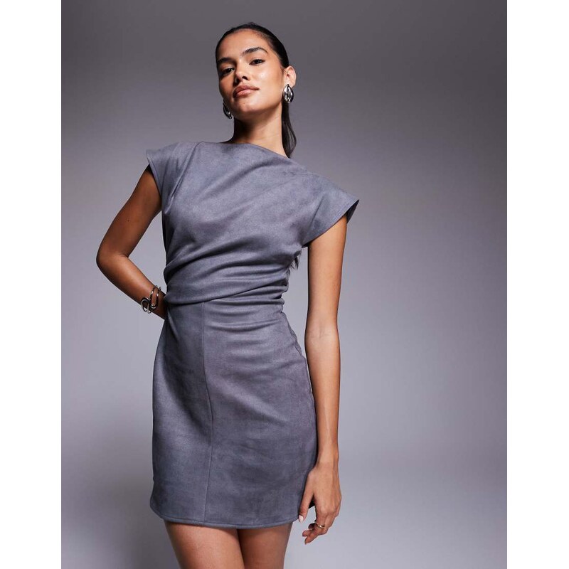 ASOS DESIGN suede drape mini dress in charcoal in scuba-style fabric-Green