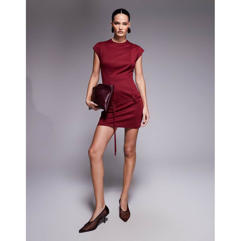 ASOS DESIGN cap sleeve belted mini dress in burgundy-Red