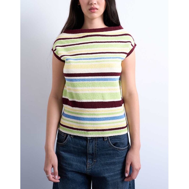 Topshop knitted one shoulder top in multi stripe