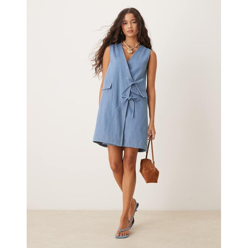 Ghospell Beckett denim wrap mini dress in blue 109606990