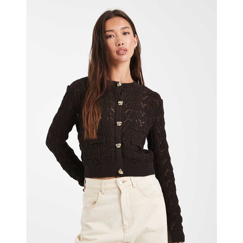 Miss Selfridge open knit cardigan with button detail in brown