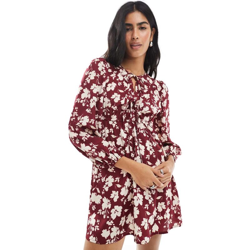 Wednesdays Girl bold bloom mini smock dress in burgundy-Red 107836251