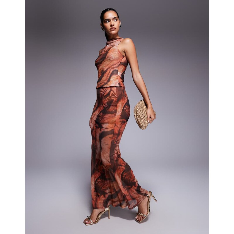 ASOS DESIGN mix & match sheer mesh fishtail maxi skirt in orange 115667175