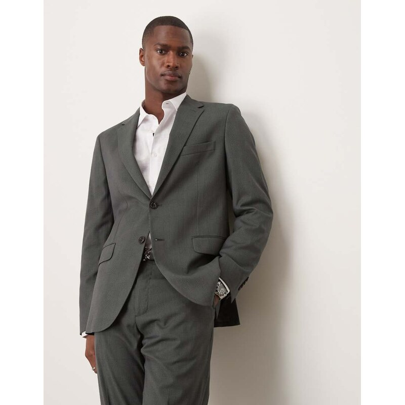 Mango slim fit suit blazer in grey check co-ord-Green