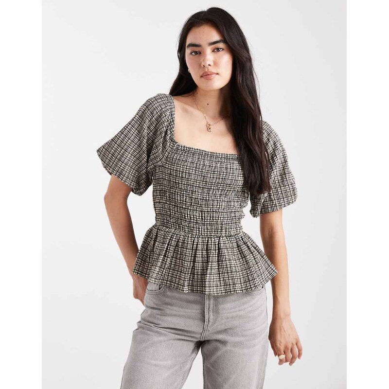 New Look check shirred milkmaid top in black 107953962