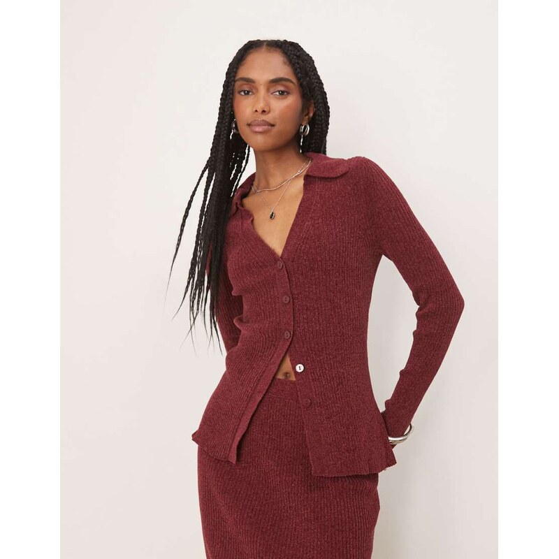 ASOS DESIGN knitted longline collared cardigan co-ord in burgundy 107836213