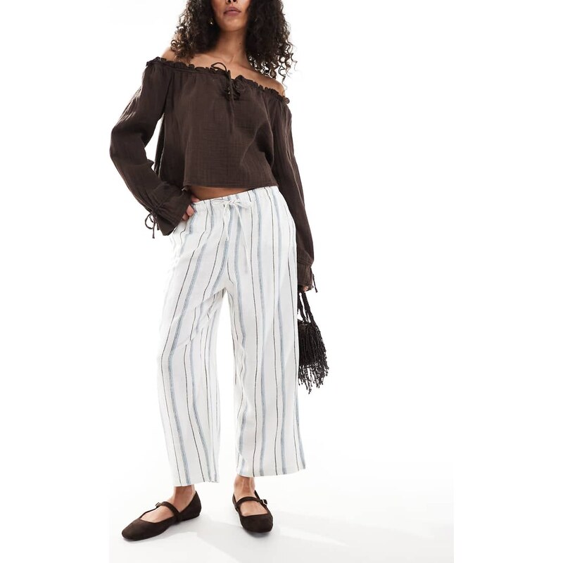 ONLY linen mix wide leg trousers in cream and blue stripe-White 105858387