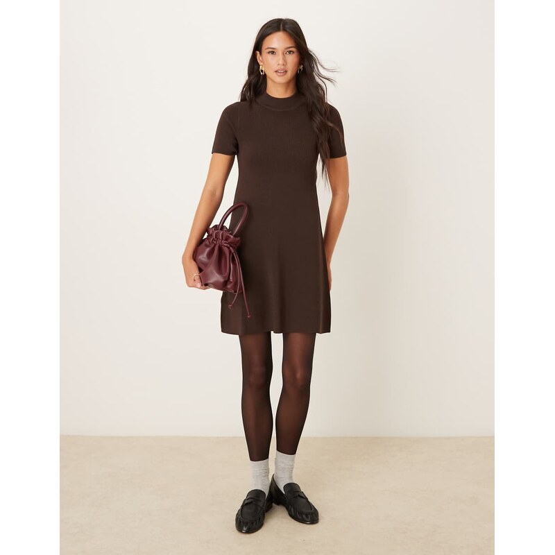 Mango knitted high neck short sleeve mini dress in brown