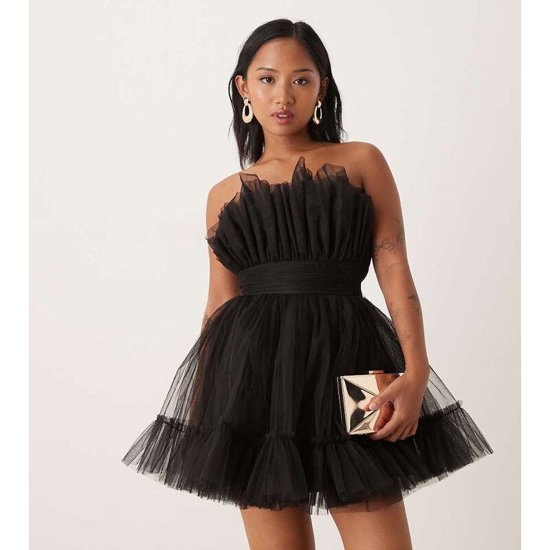 Lace & Beads Petite bandeau structured mini dress in black