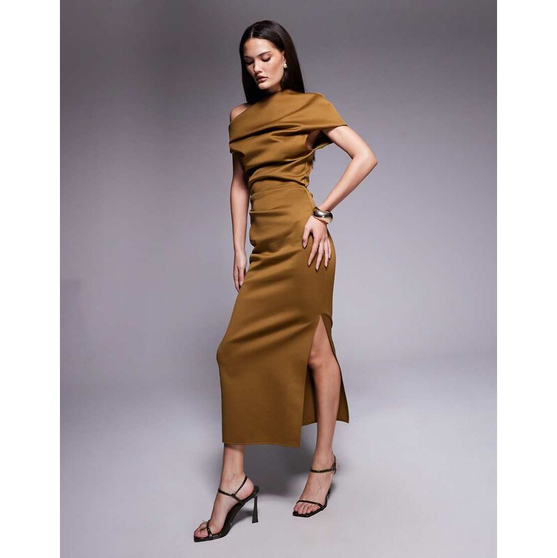 ASOS DESIGN structured midi dress with fallen shoulder in brown