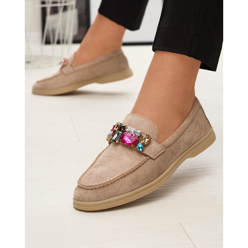Resti Eco suede light brown womens moccasins with decorative crystals 107838860