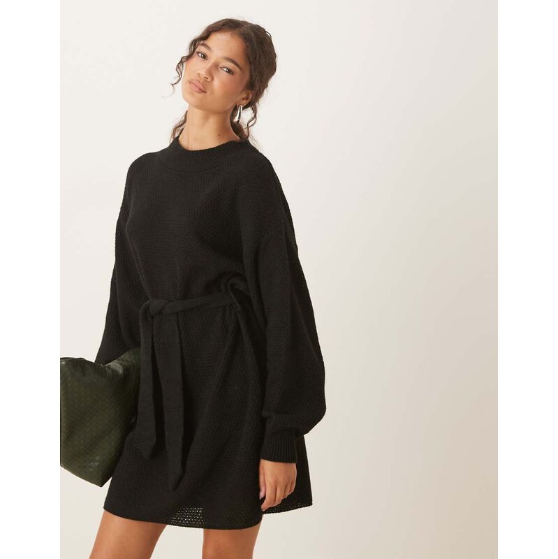 Glamorous rib knit tie waist mini knitted dress in black