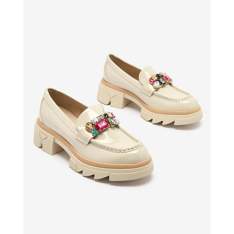 Resti Lacquered cream moccasins with colorful stones Sarin 107853547