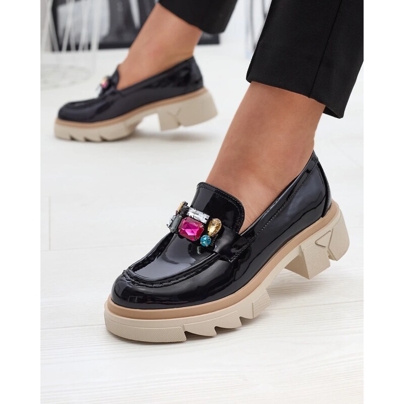 Resti Lacquered black moccasins with colored stones Sarix - Footwear 107853546