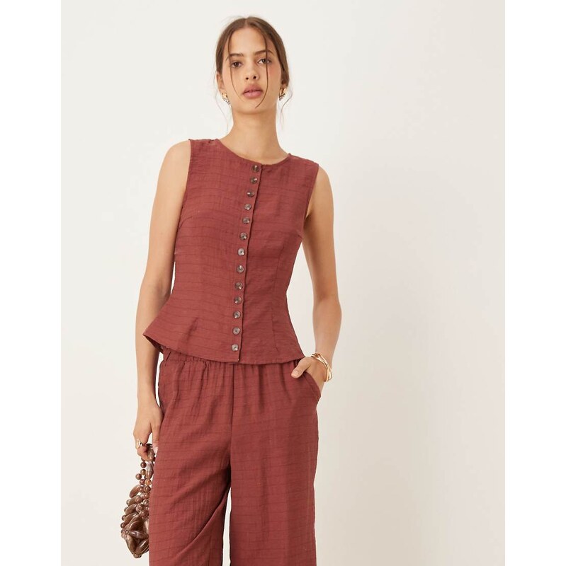 Vila round neck vest co-ord in burnt henna check-Red