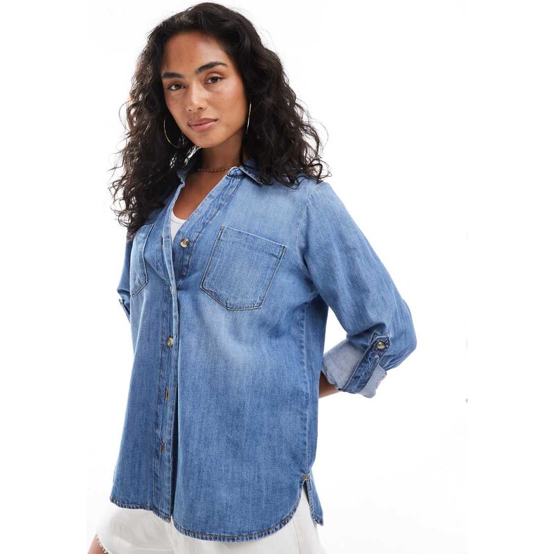 ONLY button through denim shirt in mid blue 107859548