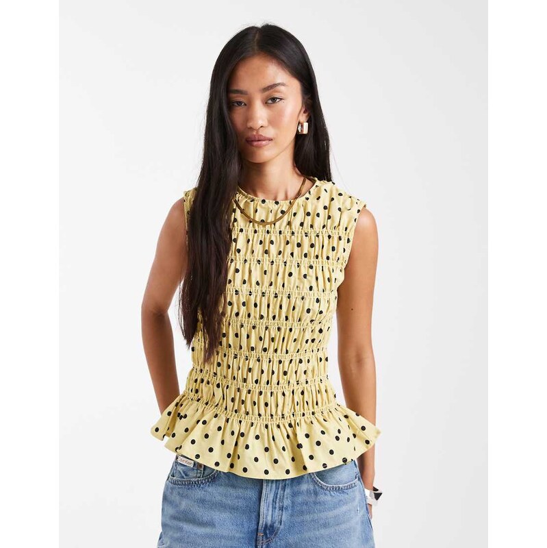 ASOS DESIGN sleeveless shirred top in yellow polka dot