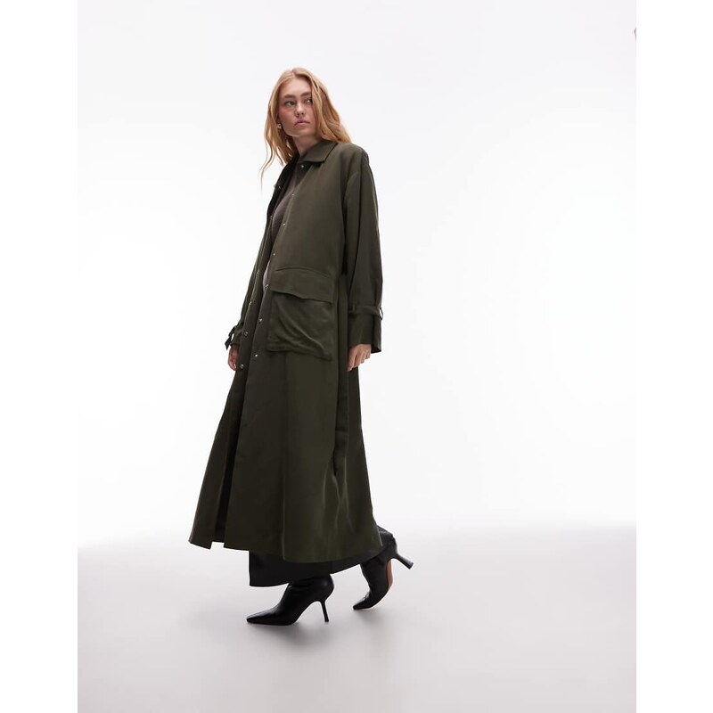 ASOS DESIGN utility longline belted trench coat in khaki-Green 107873918