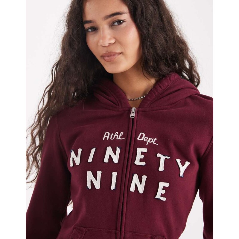 Hollister double zip graphic hooded jumper in burgundy-Red