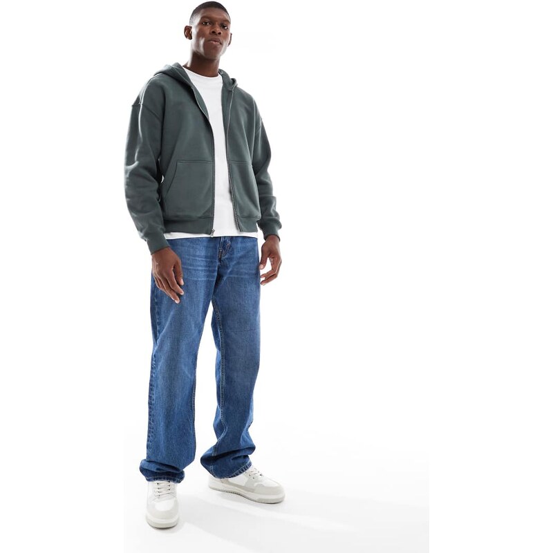 Hollister full zip baggy front pocket hoodie in green