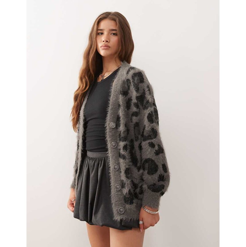 Noisy May brushed knit leopard cardigan in grey