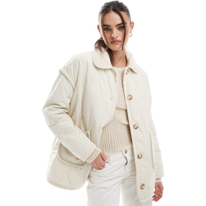 Threadbare quilted jacket with cord detail in cream-White
