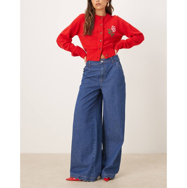 ASOS DESIGN wide leg palazzo jean with hem detail in dark wash