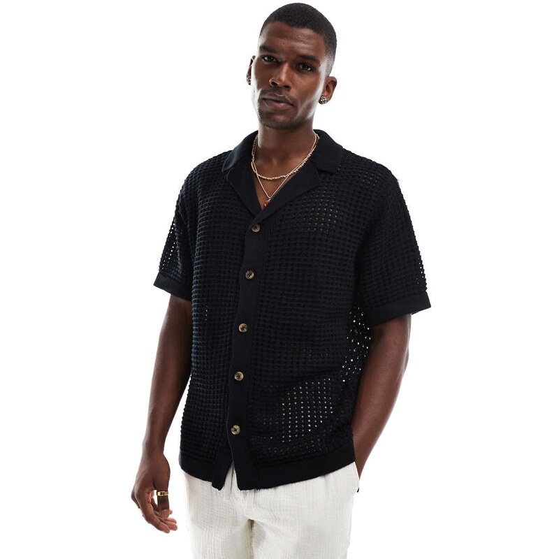 Goldsboro crochet revere shirt in black