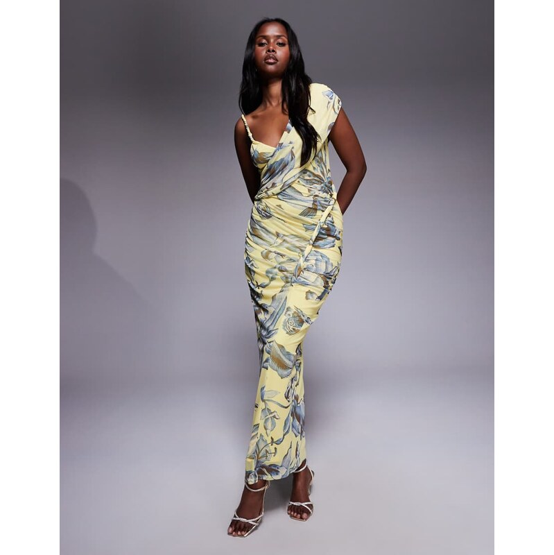 ASOS DESIGN printed mesh one shoulder ruched maxi dress in