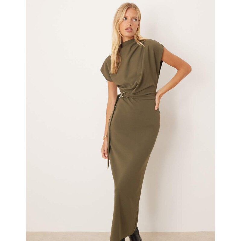 ASOS DESIGN grown on neck wrap midi column dress in khaki-Blue