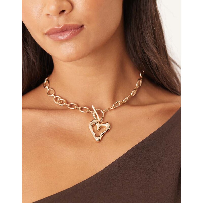ASOS DESIGN chain link t-bar gold necklace with heart pendant 107873924