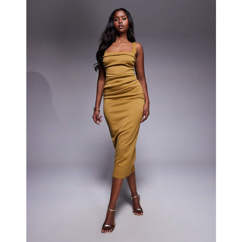 ASOS DESIGN square neck ruched midi dress with neckline detail in 108430572