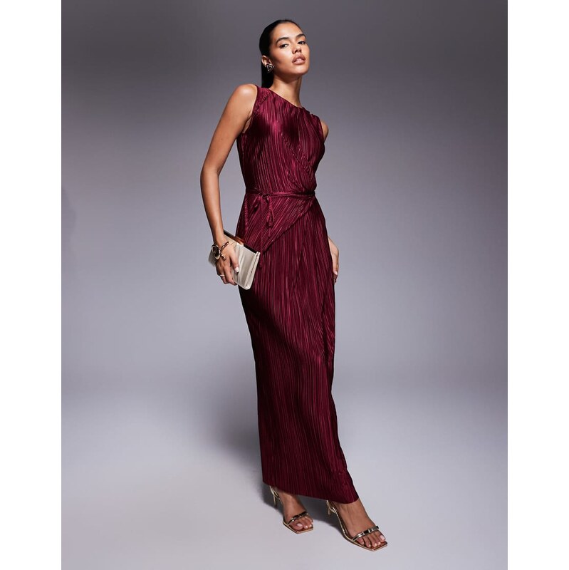ASOS DESIGN plisse sleeveless wrap tie front maxi dress in wine-Red 115514777