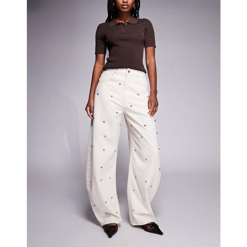 ASOS DESIGN barrel jean with gold dome stud details in ecru