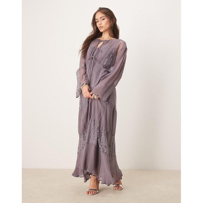 ASOS DESIGN long sleeve lace detailing maxi dress in grey