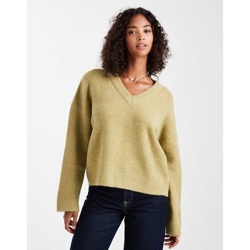 ASOS DESIGN knitted boxy v neck jumper in pistachio green