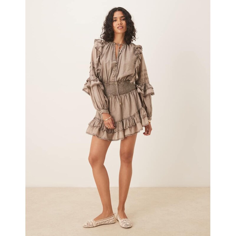 ASOS DESIGN voile mini dress with shirred waist and ruffle hem in washed grey