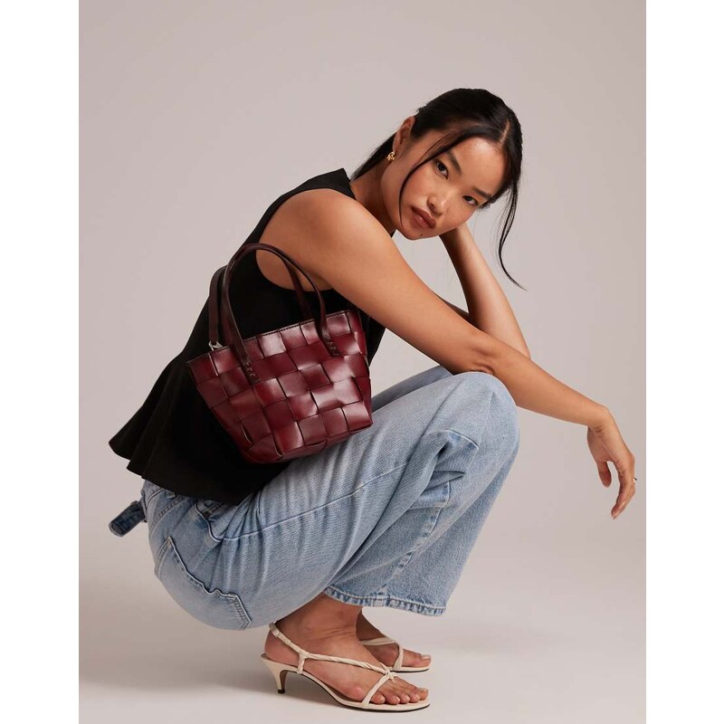 Dragon Diffusion Japan mini woven leather top handle bag in burgundy 107880307