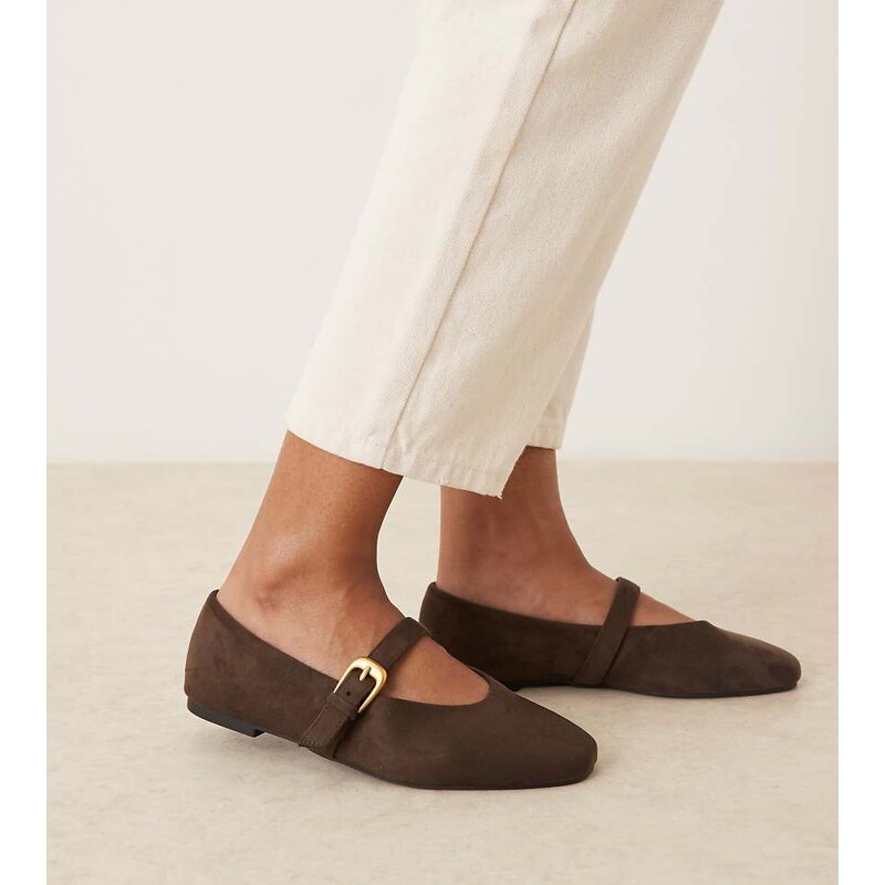 ASOS DESIGN Wide Fit Leah mary jane ballets in chocolate suedette 115512123