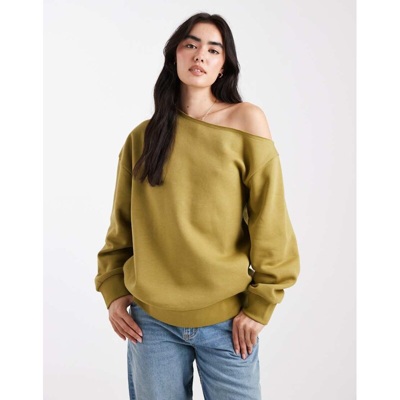 ASOS DESIGN off shoulder brushback sweatshirt in green