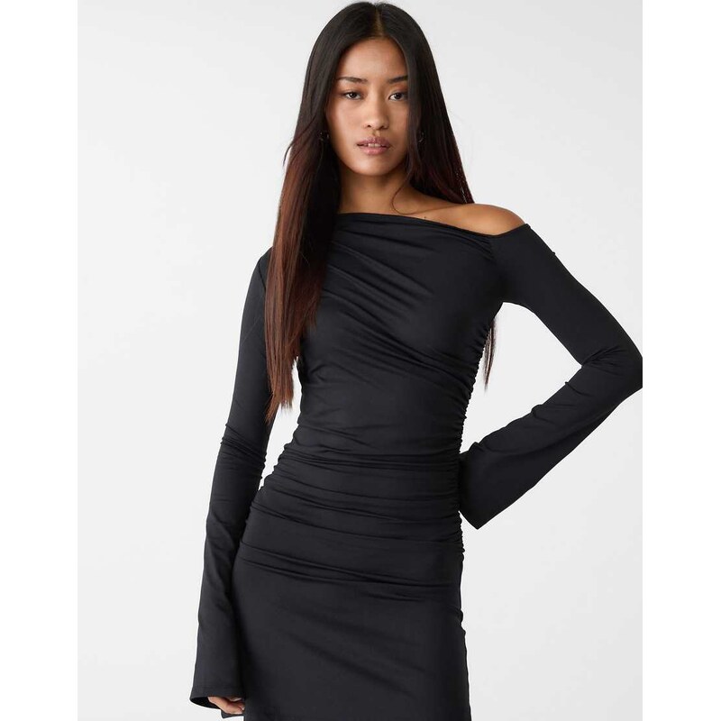 Stradivarius mini dress with asymmetric hem in black 107880385