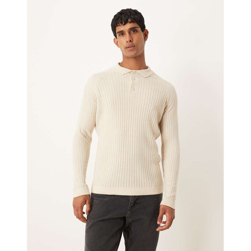 ASOS DESIGN muscle fit knitted long sleeve polo t-shirt in cream