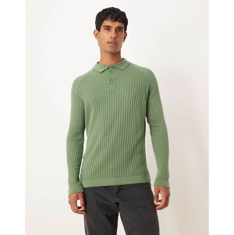 ASOS DESIGN muscle fit knitted long sleeve polo t-shirt in khaki-Green