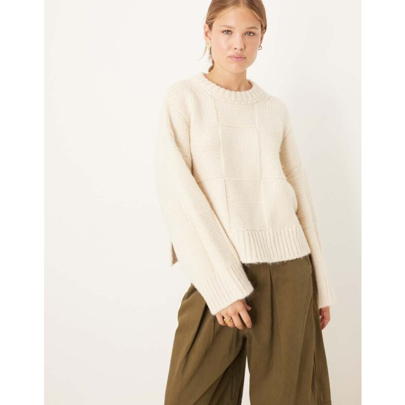 ASOS DESIGN grid stitch jumper in cream-White
